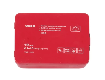 Набор сверл для металла HSS Ф1-10 мм шаг 0,5 мм 19 штук металлический футляр VMX 511623 купить в Когалыме