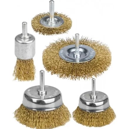 STAYER "PROFESSIONAL". Набор щеток-крацовок для дрели, витая стальная латунированная проволока 0,3мм, диск. 50,75мм, чаш. 50,75мм, кист. 25мм, 5шт 35157-H5_z01 купить в Когалыме