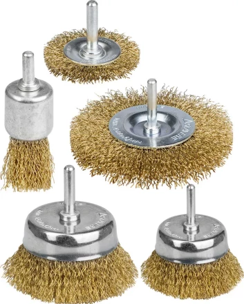 STAYER "PROFESSIONAL". Набор щеток-крацовок для дрели, витая стальная латунированная проволока 0,3мм, диск. 50,75мм, чаш. 50,75мм, кист. 25мм, 5шт 35157-H5_z01 купить в Когалыме