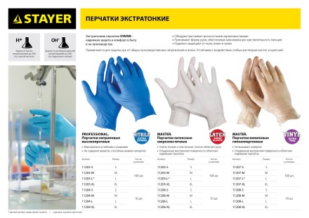 Перчатки STAYER &quot;PROFI&quot; нитриловые экстратонкие, L, 100шт 11203-L купить в Когалыме