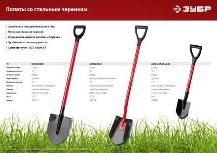 ЗУБР МАСТЕР, 270 х 210 х 1200 мм, полотно 1.5 мм, закалено, стальной прямой черенок с рукояткой, тип ЛКО, штыковая лопата (39522) купить в Когалыме