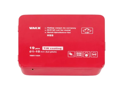 Набор сверл для металла HSS Ф1-10 мм шаг 0,5 мм покрытие TiN 19 штук металлический футляр VMX 511624 купить в Когалыме