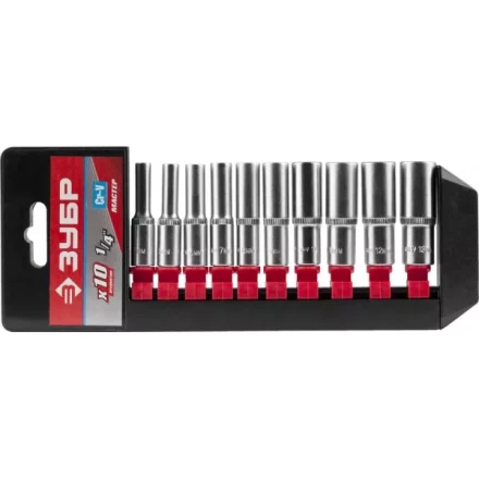 Набор ЗУБР "МАСТЕР": Торцовые головки (1/4") удлиненные на пластиковом рельсе, Cr-V, 4-13мм, 10 предметов 27657-H10 купить в Когалыме