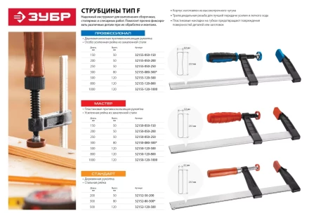 Струбцина ЗУБР "ПРОФЕССИОНАЛ", тип "F", двухкомпонентная ручка, стальная закаленная рейка, 50х250мм 32155-050-250 купить в Когалыме