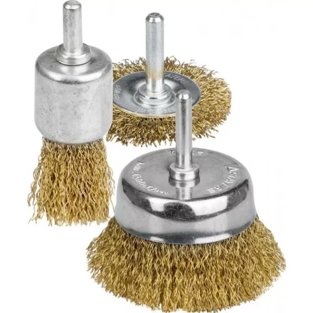 STAYER "PROFESSIONAL". Набор щеток-крацовок для дрели, витая стальная латунированная проволока 0,3мм, диск. 50мм, чаш. 50мм, кистевая 25мм, 3шт 35152-H3_z01 купить в Когалыме