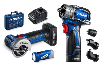 ЗУБР КОМБИ #5 набор: дрель-шуруповерт + мини УШМ + LED фонарь, BRUSHLESS, 12 В, 45 Н·м, 2 АКБ тип Т7 (4 и 2 А·ч), кейс, Профессионал (DB-125-42ABF) купить в Когалыме
