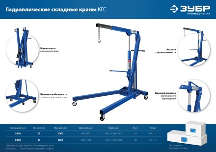 ЗУБР КГС-1, 1 т, 25 - 2060 мм, складной гидравлический кран, Профессионал (43011-1) купить в Когалыме
