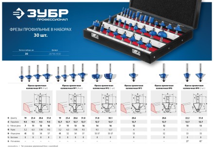 ЗУБР 30 шт, набор профильных фрез по дереву, Профессионал (28796-H30) купить в Когалыме