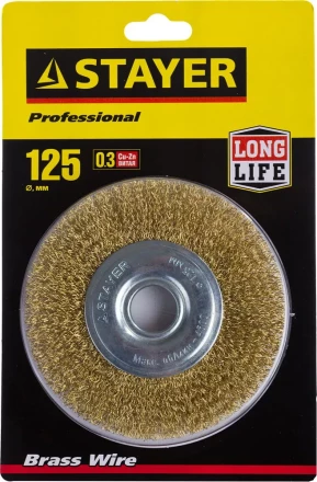 STAYER "PROFESSIONAL". Щетка дисковая для УШМ, витая стальная латунированная проволока 0,3мм, 125ммх22мм 35122-125 купить в Когалыме