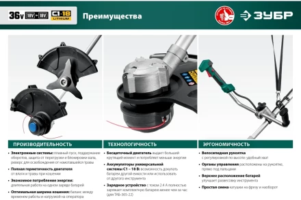 ЗУБР С1-18, 36 В, 35/25.5 см, 2х18 В АКБ (2 А·ч), бесщеточный триммер (ТАБ-365-22) купить в Когалыме