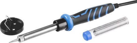 Паяльник ЗУБР "ПРОФЕССИОНАЛ" с двухкомпонентной рукояткой и защитным колпачком в наборе с припоем и подставкой, 60Вт, конус 55402-60_z01 купить в Когалыме