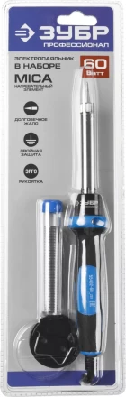 Паяльник ЗУБР "ПРОФЕССИОНАЛ" с двухкомпонентной рукояткой и защитным колпачком в наборе с припоем и подставкой, 60Вт, конус 55402-60_z01 купить в Когалыме