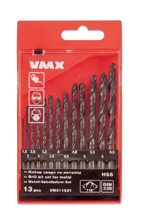 Набор сверл для металла HSS Ф1,5-6,5 мм 13 штук пластиковый футляр VMX 511621 купить в Когалыме