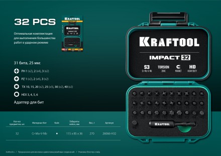 Набор ударных торсионных бит KRAFTOOL Impact, Cr-Mo-V-Nb сталь 26066-H32 купить в Когалыме