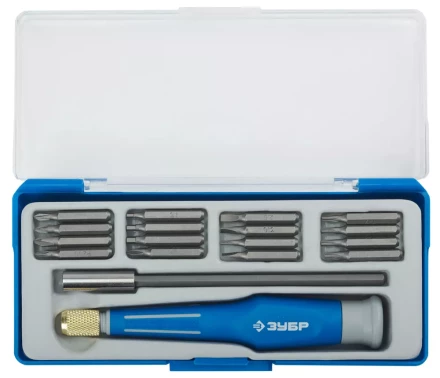 Набор ЗУБР Отвертка "ЭКСПЕРТ" для точных работ, CR-V, двухкомп. рукоятка, удлинитель 120мм, сменные биты, 18предметов 25623-H18 купить в Когалыме