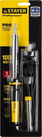Паяльник PROTerm с двухкомпонентной рукояткой, в комплекте с припоем и подставкой, жало - клин, STAYER Professional 55300-100, 100 Вт 55300-100 купить в Когалыме