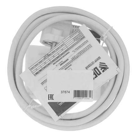 Шнур сетевой Denzel Energy Series, ПВС, 3 м, 3 x 1,5 мм, с неразборной вилкой, белый, 3 м, 37674 купить в Когалыме