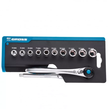 Набор торцевых головок трещотка 120 зубьев 12 предметов 1/4" CrV Gross 14141 купить в Когалыме