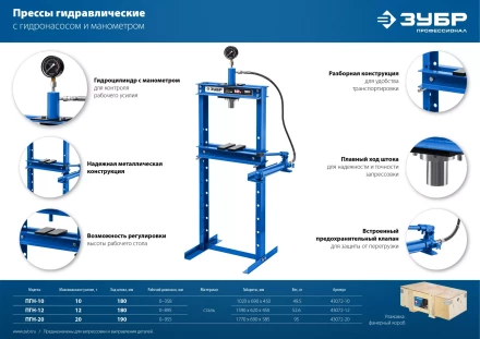 ЗУБР ПГН-10, 10 т, гидравлический пресс с гидронасосом и манометром, Профессионал (43072-10) купить в Когалыме