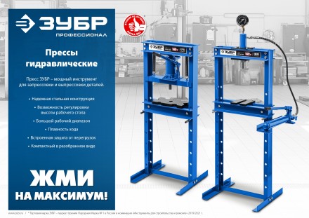 ЗУБР ПГН-10, 10 т, гидравлический пресс с гидронасосом и манометром, Профессионал (43072-10) купить в Когалыме