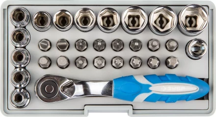 Набор ЗУБР "ЭКСПЕРТ": Биты 16шт,торцов головки с мини трещоткой 12шт,адаптер для бит SQ 1/4"хHex 1/4",удлинит 1/4"/80мм 26054-H31 купить в Когалыме