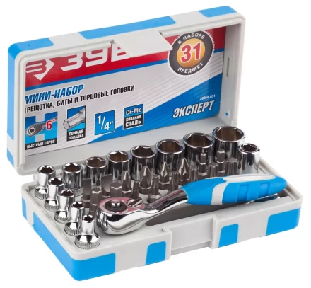 Набор ЗУБР "ЭКСПЕРТ": Биты 16шт,торцов головки с мини трещоткой 12шт,адаптер для бит SQ 1/4"хHex 1/4",удлинит 1/4"/80мм 26054-H31 купить в Когалыме
