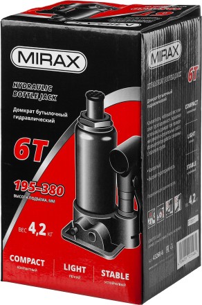 Домкрат гидравлический бутылочный, 6т, 195-380 мм, MIRAX 43260-6 43260-6 купить в Когалыме