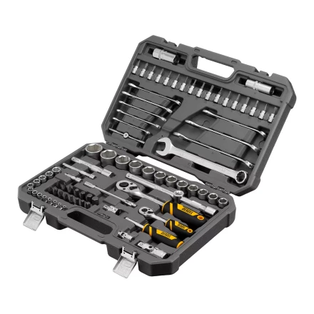 Набор инструментов Denzel, 1/2", 1/4", CrV, S2, пластиковый кейс, 82 предмета 15809 купить в Когалыме