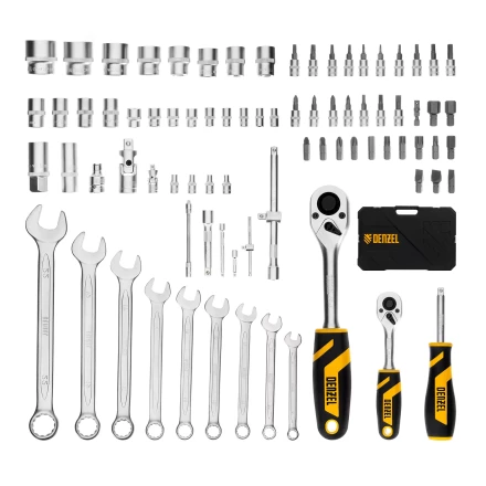 Набор инструментов Denzel, 1/2", 1/4", CrV, S2, пластиковый кейс, 82 предмета 15809 купить в Когалыме