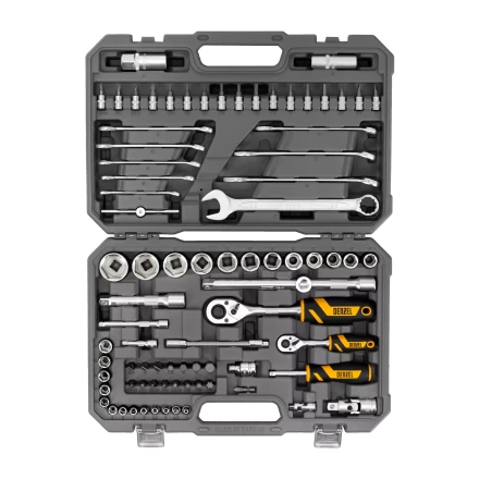 Набор инструментов Denzel, 1/2", 1/4", CrV, S2, пластиковый кейс, 82 предмета 15809 купить в Когалыме