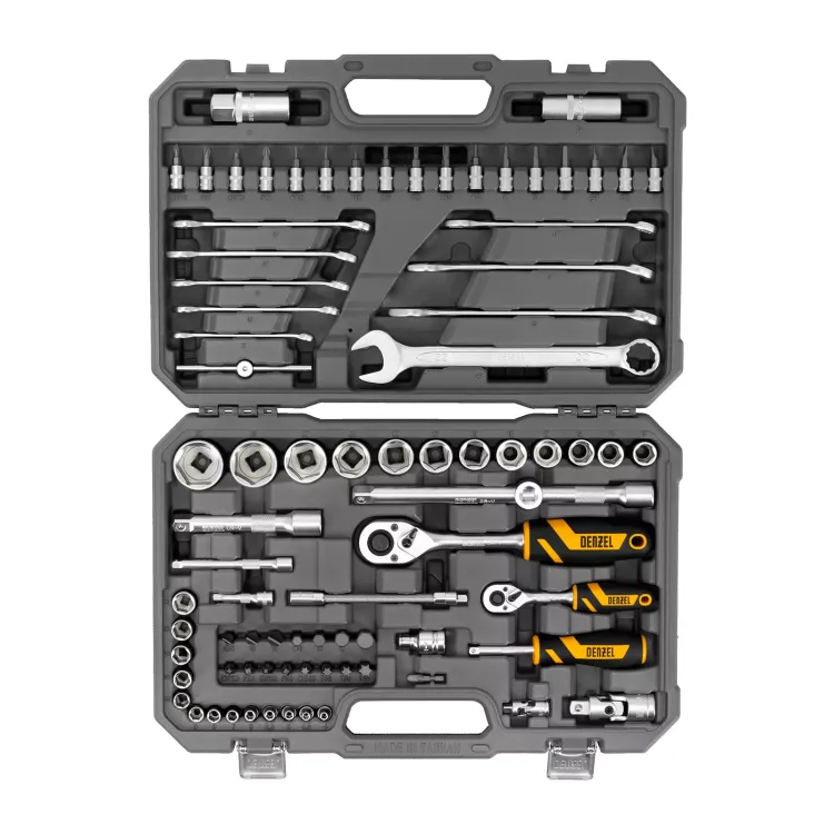 Набор инструментов Denzel, 1/2", 1/4", CrV, S2, пластиковый кейс, 82 предмета 15809 купить в Когалыме