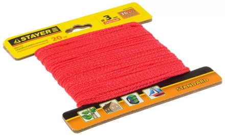 Шнур STAYER "STANDARD" хозяйственно-бытовой, полипропиленовый, вязанный, без сердечника, красный, d 3, 20м 50425-03-020 купить в Когалыме