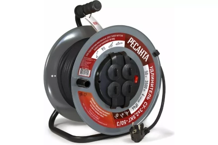 Удлинитель силовой на металлической катушке Ресанта СУ-3х2,5КГ-50/3 (с выкл., 4 розетки, IP44) 61/118/10 купить в Когалыме