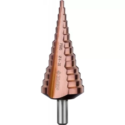 Сверло ЗУБР "КОБАЛЬТ" ступен. по сталям и цв.мет.ст.Р6М5 с кобальт.покрыт.d 4-39мм,14ст.d4-39,L-113мм, 3-хгран.хв. 10мм 29672-4-39-14 купить в Когалыме