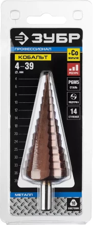 Сверло ЗУБР "КОБАЛЬТ" ступен. по сталям и цв.мет.ст.Р6М5 с кобальт.покрыт.d 4-39мм,14ст.d4-39,L-113мм, 3-хгран.хв. 10мм 29672-4-39-14 купить в Когалыме