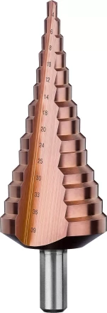 Сверло ЗУБР "КОБАЛЬТ" ступен. по сталям и цв.мет.ст.Р6М5 с кобальт.покрыт.d 4-39мм,14ст.d4-39,L-113мм, 3-хгран.хв. 10мм 29672-4-39-14 купить в Когалыме