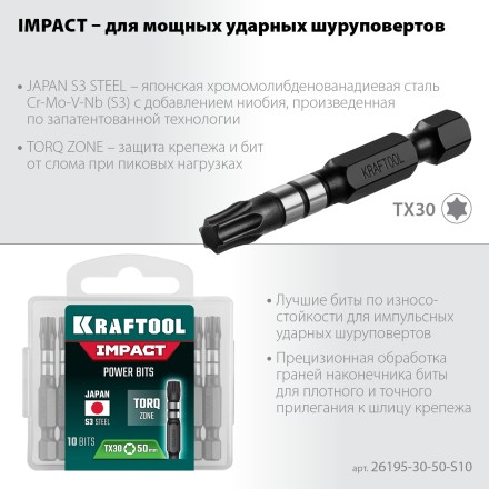 Биты для ударных шуруповертов KRAFTOOL Impact Pro TX 26195-30-50-S10 купить в Когалыме