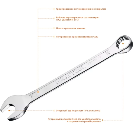 Ключи комбинированные KRAFTOOL, Cr-V, DIN 3113 27079-22 купить в Когалыме