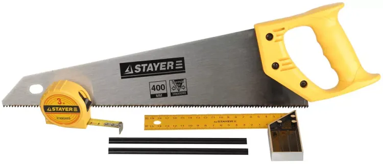 Набор STAYER "STANDARD" для столярных работ: ножовка по дереву 400 мм, угольник 200 мм, рулетка 3 м, 2 карандаша, 5 пред 15084-H5 купить в Когалыме