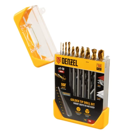Набор сверл по металлу, 1-10 мм, HSS-Tin, Golden Tip, 10 шт Denzel 72316 купить в Когалыме