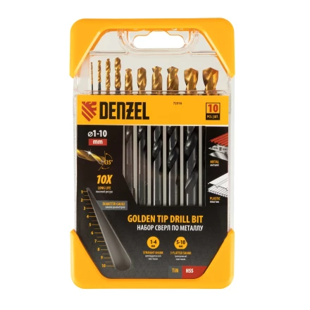 Набор сверл по металлу, 1-10 мм, HSS-Tin, Golden Tip, 10 шт Denzel 72316 купить в Когалыме