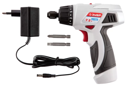 Шуруповерт ЗУБР 2-х скор,Li-Ion,реверс,15+1,зарядка 3-5ч,10мм,0-160 и 0-320об/мин,1,5А/ч,7,2В,набор бит,в блистере ЗДА-7.2-Ли Б купить в Когалыме