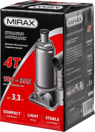 Домкрат гидравлический бутылочный, 4т, 180-355 мм, MIRAX 43260-4 43260-4 купить в Когалыме