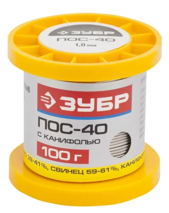 Припой ЗУБР, ПОС 40, трубка с канифолью, 100г, 1мм 55451-100-10C купить в Когалыме