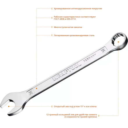 Ключи комбинированные KRAFTOOL, Cr-V, DIN 3113 27079-24 купить в Когалыме