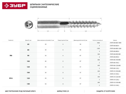 ЗУБР &quot;МАСТЕР&quot;. Шпилька сантехническая, шестигранник, Torx 25, оцинкованная, М10x100мм, 600шт 37870-10-100-600 купить в Когалыме