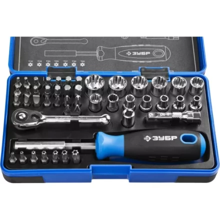 Набор ЗУБР "ПРОФИ": Отвертка с двухкомп рукояткой, насадки и мини трещетка, 47 предм, пластиковый бокс 25283-H47 купить в Когалыме