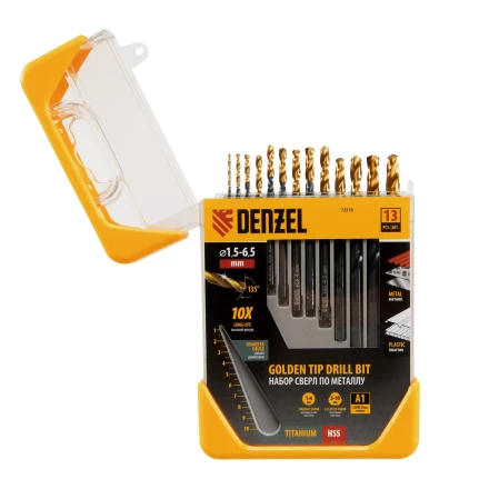 Набор сверл по металлу, 1,5-6,5 мм, HSS-Tin, Golden Tip, 13 шт Denzel 72318 купить в Когалыме