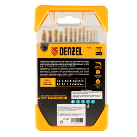 Набор сверл по металлу, 1,5-6,5 мм, HSS-Tin, Golden Tip, 13 шт Denzel 72318 купить в Когалыме