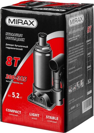 Домкрат гидравлический бутылочный, 8т, 200-385 мм, MIRAX 43260-8 43260-8 купить в Когалыме